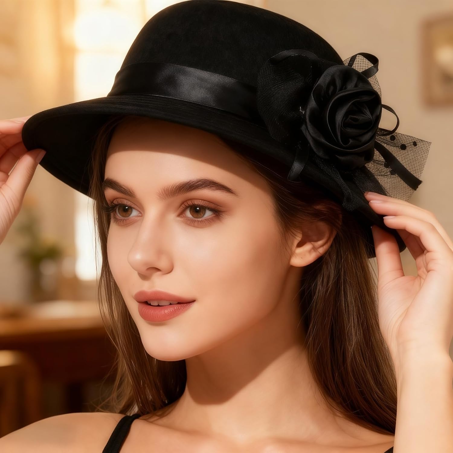 Church Hats for Women Wide Brim Fedora Hat Vintage 1920s Style with Floral Decor for Wedding Party and Special Occasions