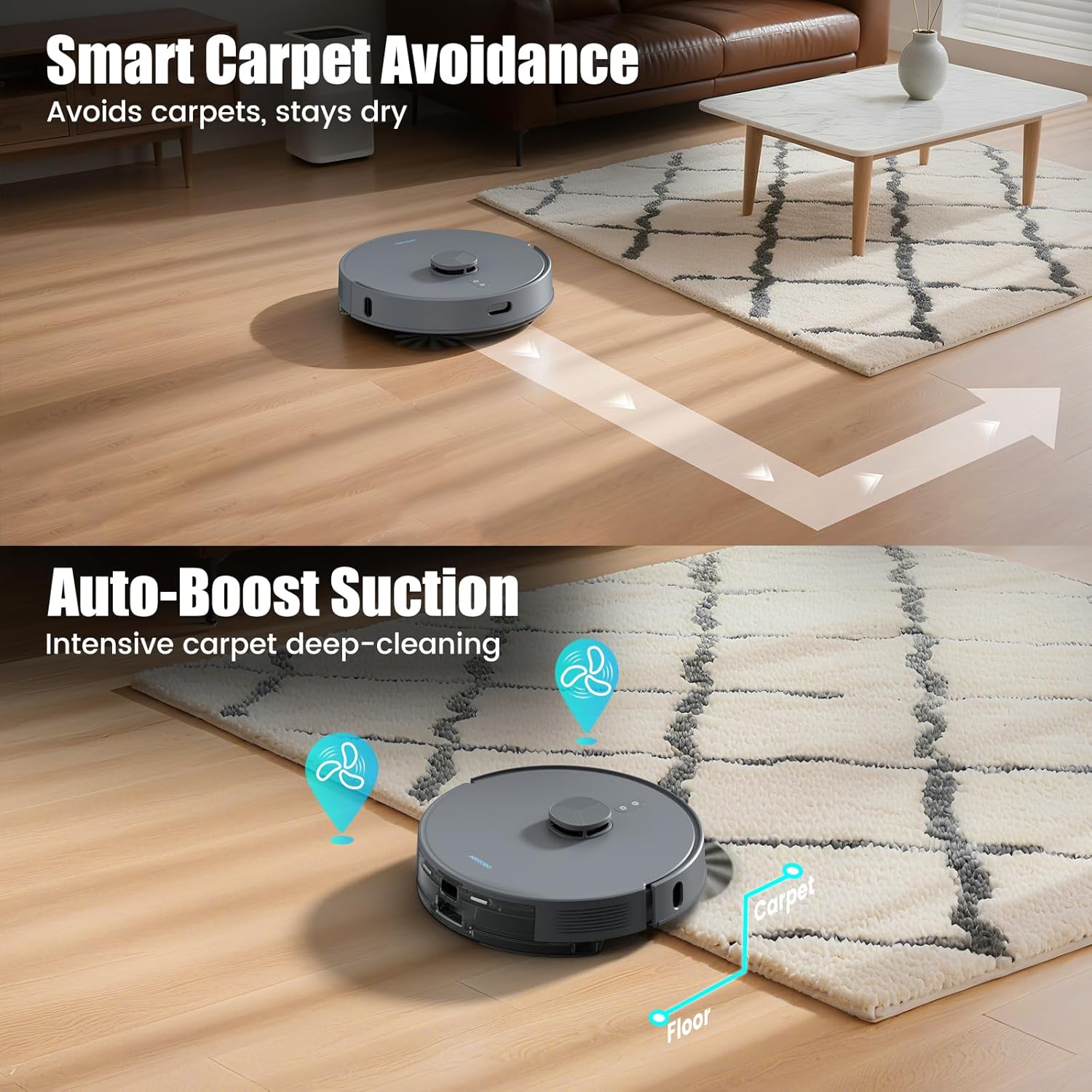 AIRROBO T25+ Robot Vacuum demonstrating smart carpet avoidance and auto-boost suction features