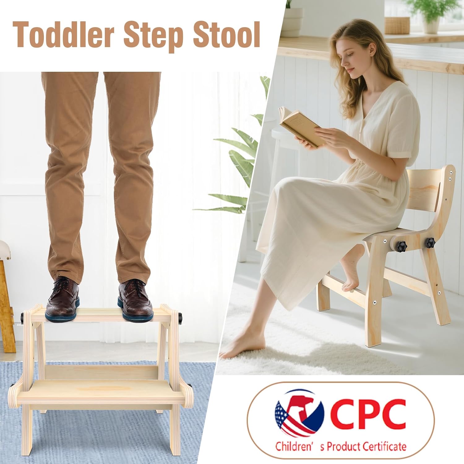 Toddler Step Stool, Foldable Step Stool for Kids, Convert to Chair, Toddler Stool for Bathroom Sink & Potty Training, Wooden Step Stools w Non Slip Base for Kitchen, Bedroom - Image 5
