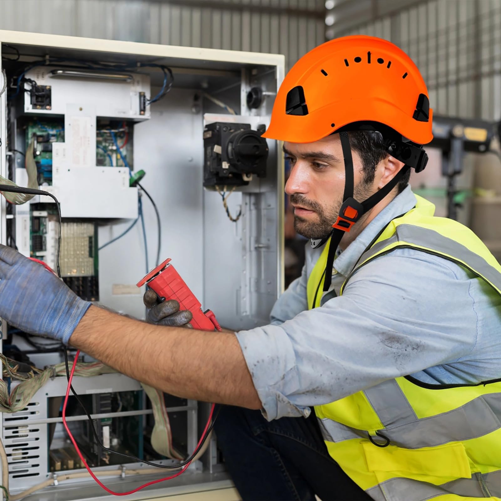 Casco di sicurezza certificato CE con sottogola, costruzione addominale, protezione testa regolabile per lavoro, attrezzatura ad alta quota, arancione