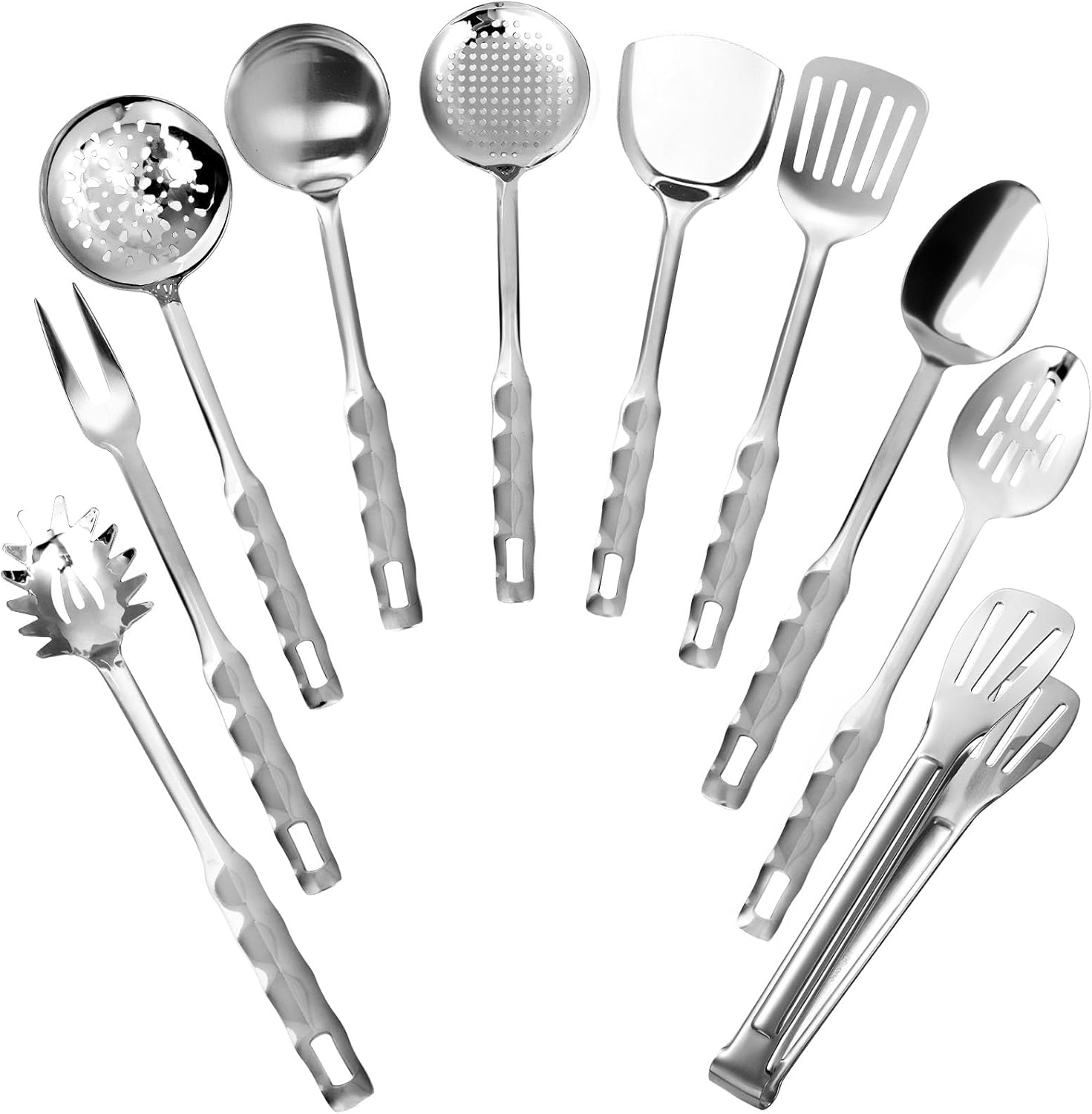 Premium Stainless Steel Kitchen Utensils Set-10 PCs Quality Cooking Utensils Set with Tongs,Spoon, Spatula,Skimmer,Solid Turner,Stainless Steel Measuring Cups & Spoons,Long Kitchen Utensils Set
