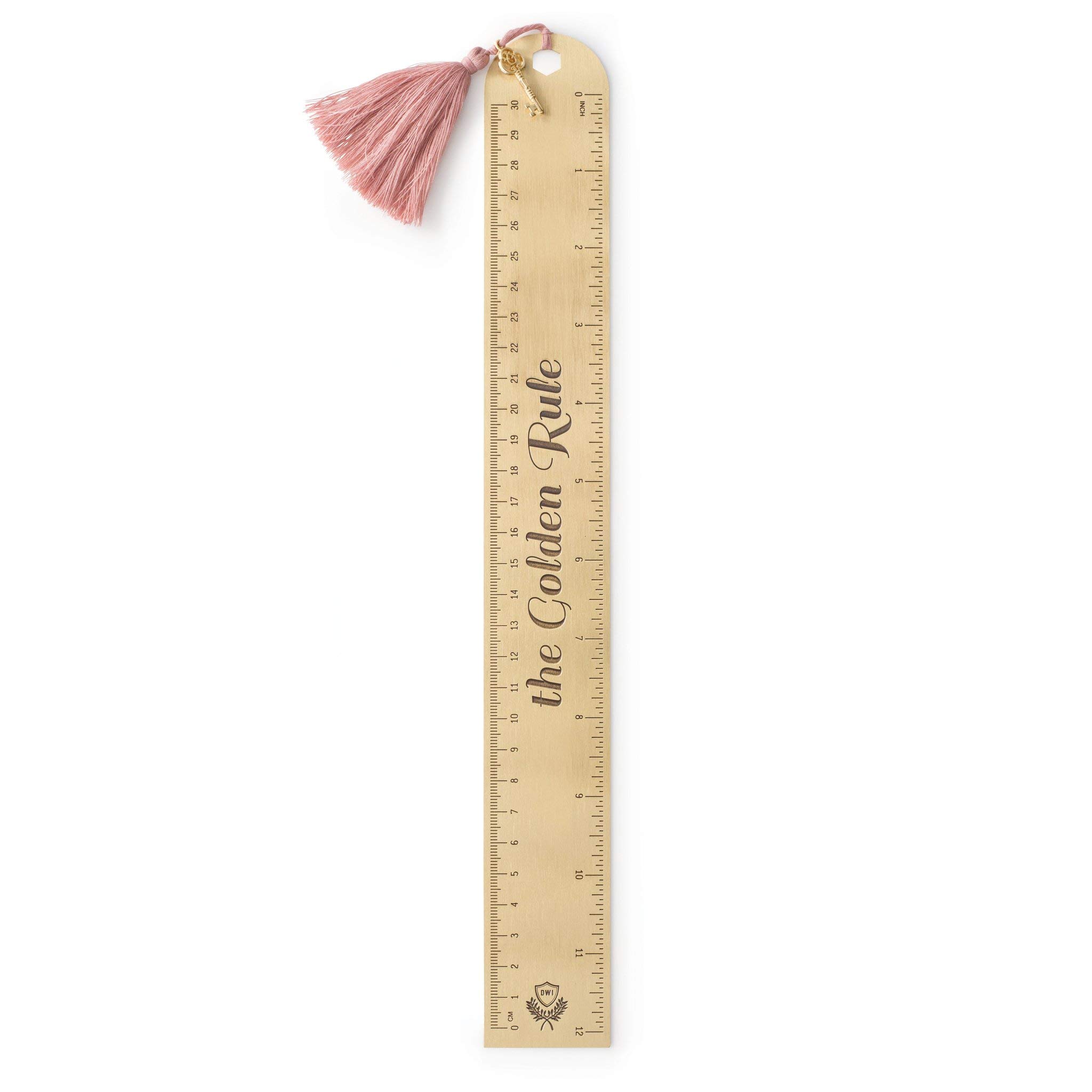 DesignWorks Ink Stylish Straight Edge Copper Metal Ruler with Charm and Tassel and Engraved Sentiment, The Golden Rule - Perfect Decorative Supplies for Home, Office, and School
