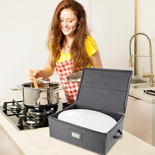 Miniatura 8 de Estuche de almacenamiento para platos, contenedores de almacenamiento de China de 17 x 13 x 6 pulgadas, 5 divisores de fieltro incluidos, parte