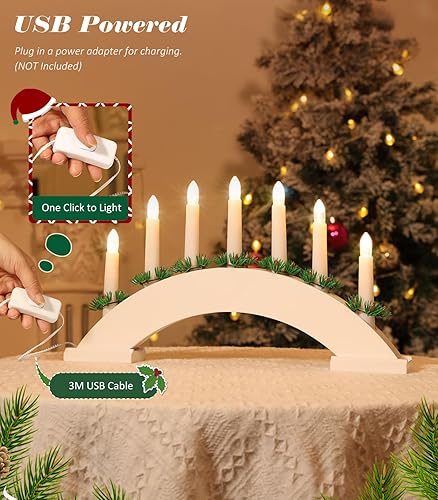 Miniatura 5 de Lewondr Candelabro sueco de Navidad, 7 velas cónicas sin llama con alimentación USB, luz de vela de ventana de Navidad con agujas de pino, luz de