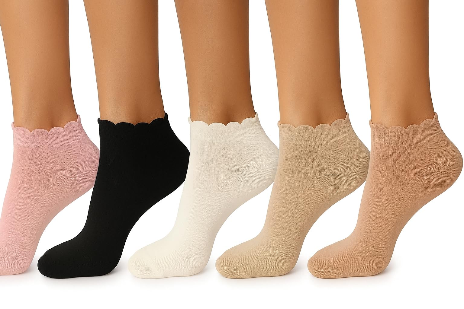 LABEL GINNI Women's Toe Separator Cotton Ankle Socks (Pack of 5) - Soft Stretchable with Scalloped Design | Skin, Black, White, Pink, Beige | Free Size for Ladies & Girls-picture-31