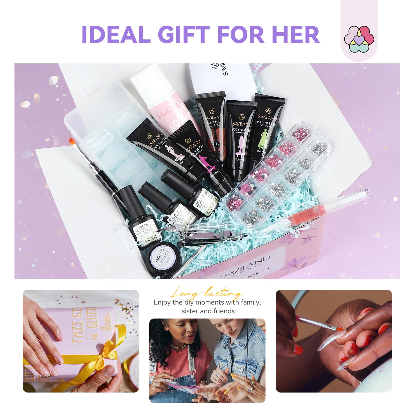 SAVILAND Kit Ricostruzione Unghie Gel Completo, 36 Colori 15g Poly Gel per Unghie Kit con Mini Lampada U V, Base Coat, Top Coat e Strumenti per Unghie, Ideale per Fai Da Te a Casa