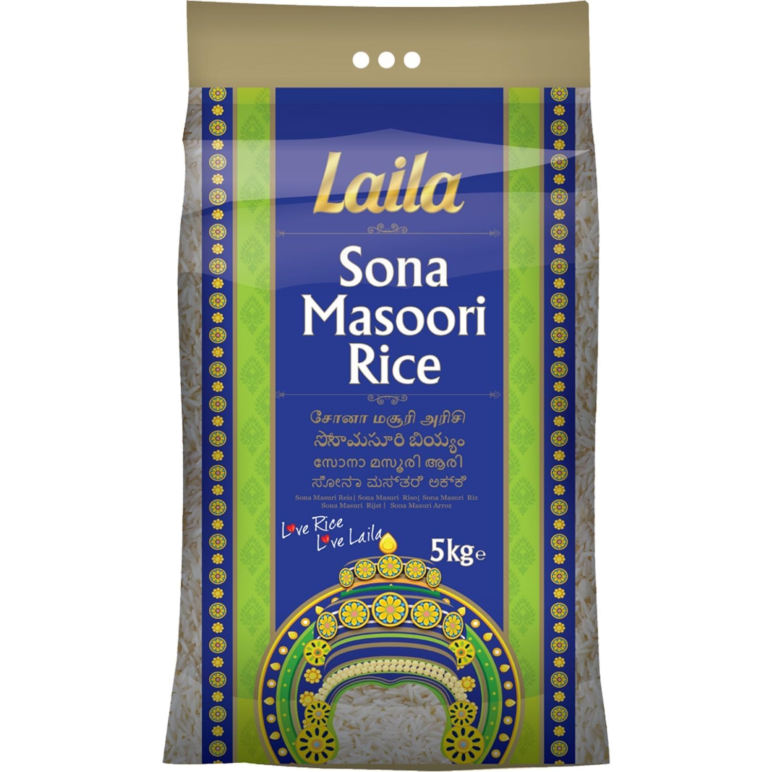 Laila Sona Masoori Reis 4 x 5kg – Südindischer, locker & aromatisch, ideal für Curry, Biryani, Dosa, Idli | Vegan, glutenfrei, natürlicher Reis aus Indien mit Kajal Sticker