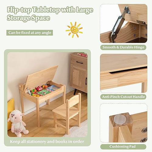 Miniatura 12 de HONEY JOY Juego de mesa y silla para niños, escritorio y silla de madera con cajón, soporte para rollo de papel y 2 rotuladores, juego de mesa de