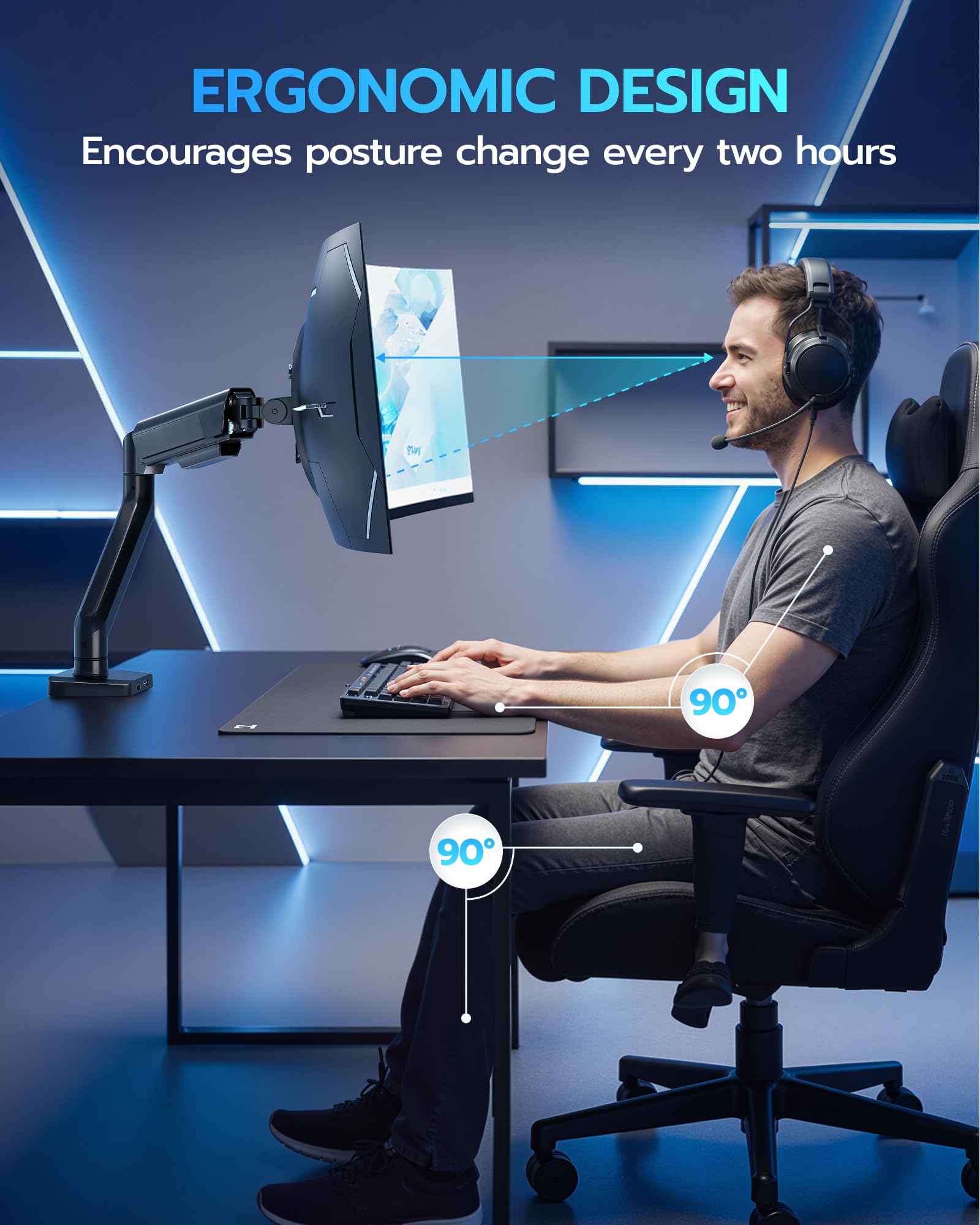 ARES WING Braccio per monitor singolo resistente, completamente regolabile, per schermi Ultrawide da 17"-40" fino a 12 kg, con morsetto/occhiello da scrivania e USB A/C, supporto Vesa 75/100, nero