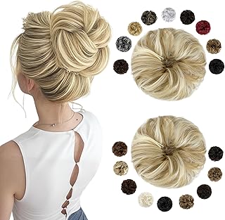 FELENDY 2PCS Messy Bun Hair Piece Large Wavy Curly Elastic Hair Bun Scrunchies Fluffy Thick Donut Chignon Hairpieces Updo Extensions Ash Blonde Mix Bleach Blonde