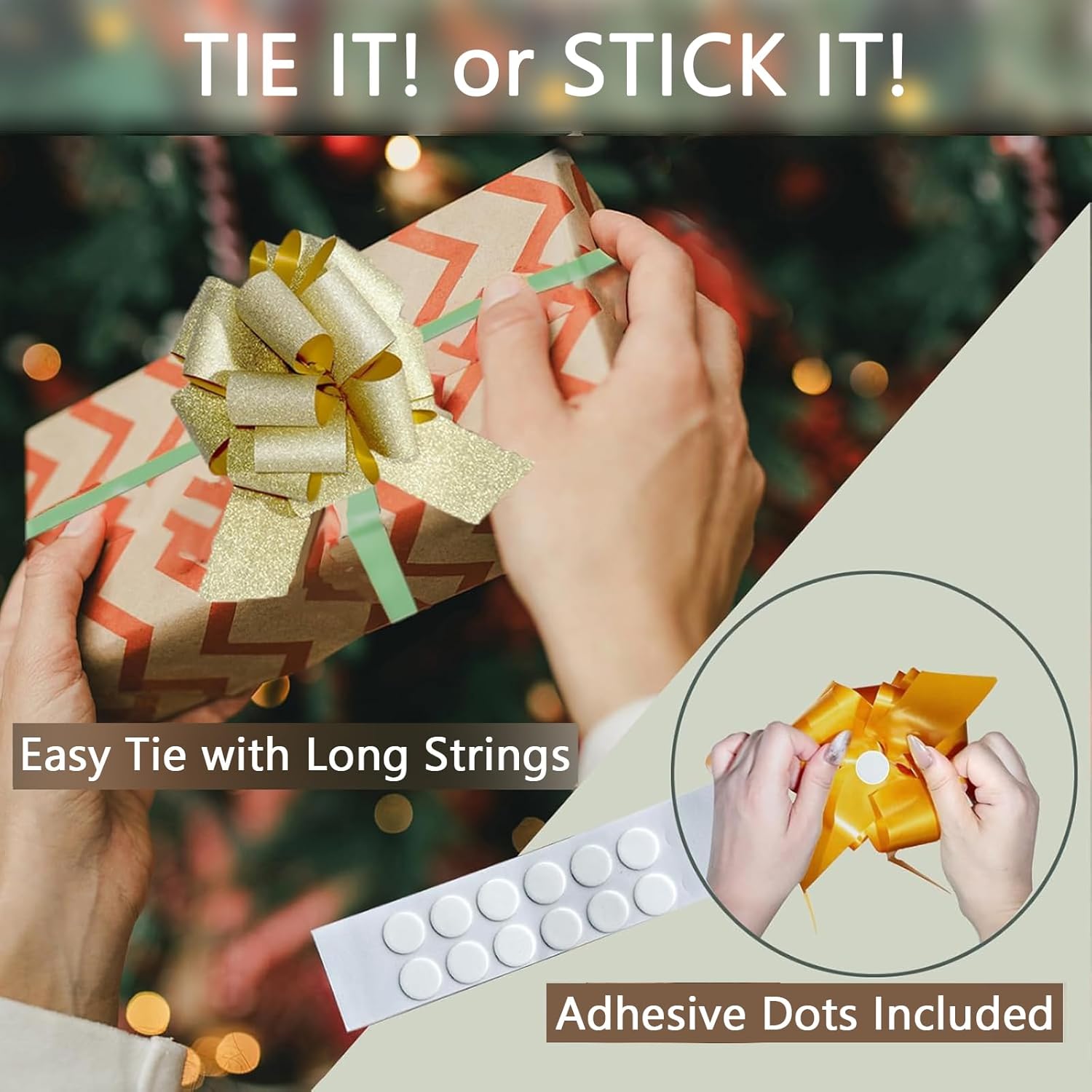 TintJungle 5 Inch Christmas Pull Bows for Gift Wrapping with Bonus Adhesive Dots | Assorted Large Xmas Bows for Presents, Gift Baskets & Holiday Decor (God,12 Pack) - Image 2