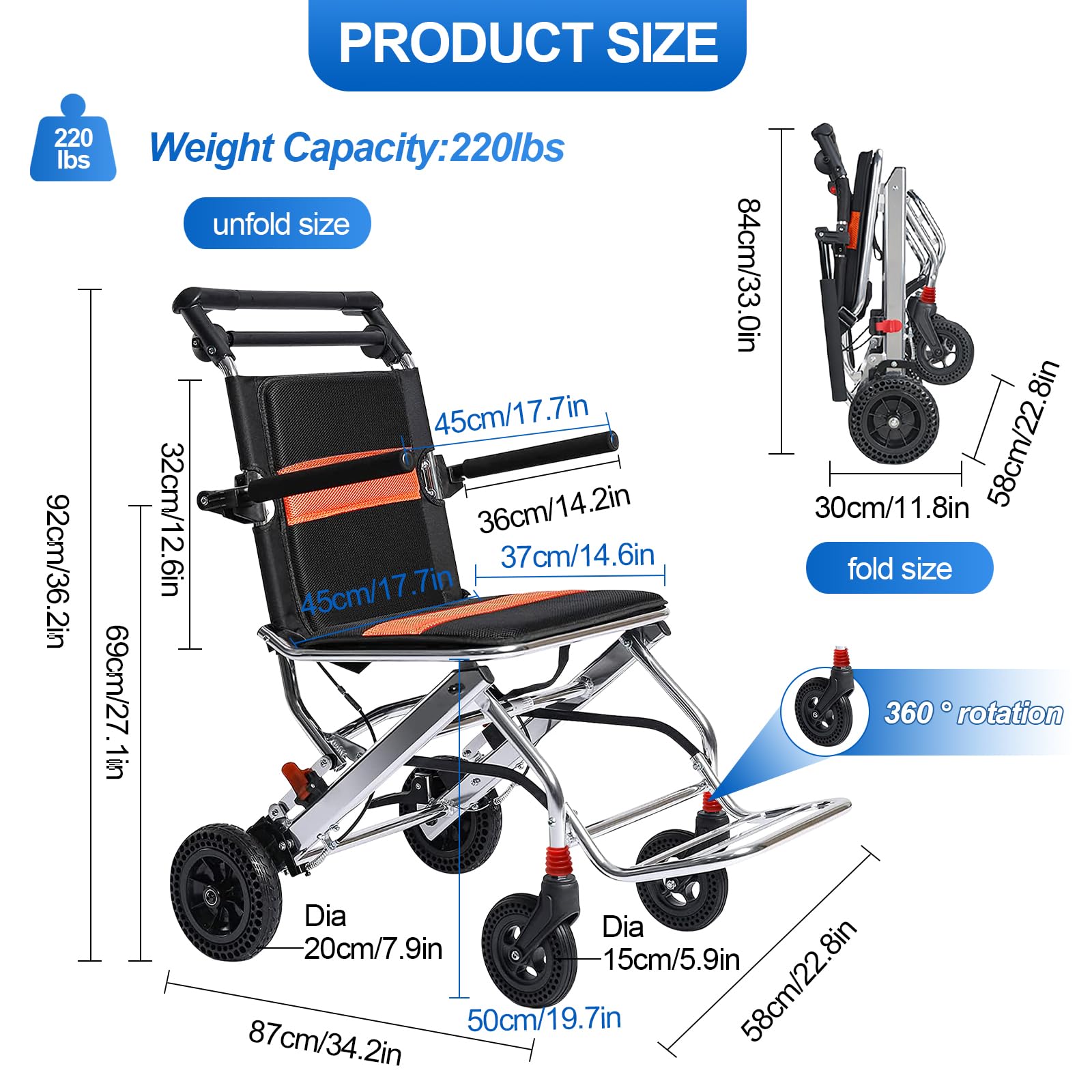 Silla de ruedas plegable ligera, diseño de tránsito portátil, freno de mano, aleación de aluminio, ultraligera para adultos y niños, incluye bolsa de transporte