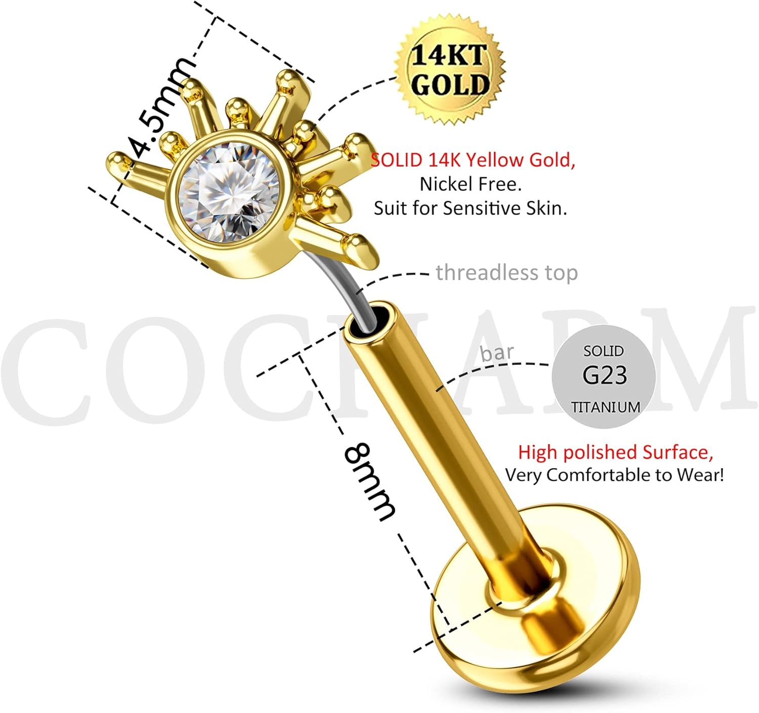 COCHARM 14K Solid Gold Cartilage Earring Stud 16g Yellow Gold Flat Back Helix Stud 14K Gold Push in Tragus Earring Stud Threadless Labret Stud Labret Rings
