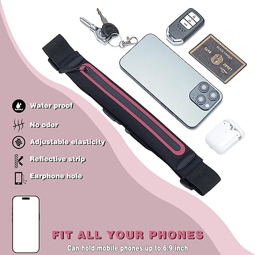 Vista 2 de Riñoneras delgadas para correr para mujeres y hombres, bolsa ajustable impermeable para correr, soporte para teléfono para corredor, Negro + rojo