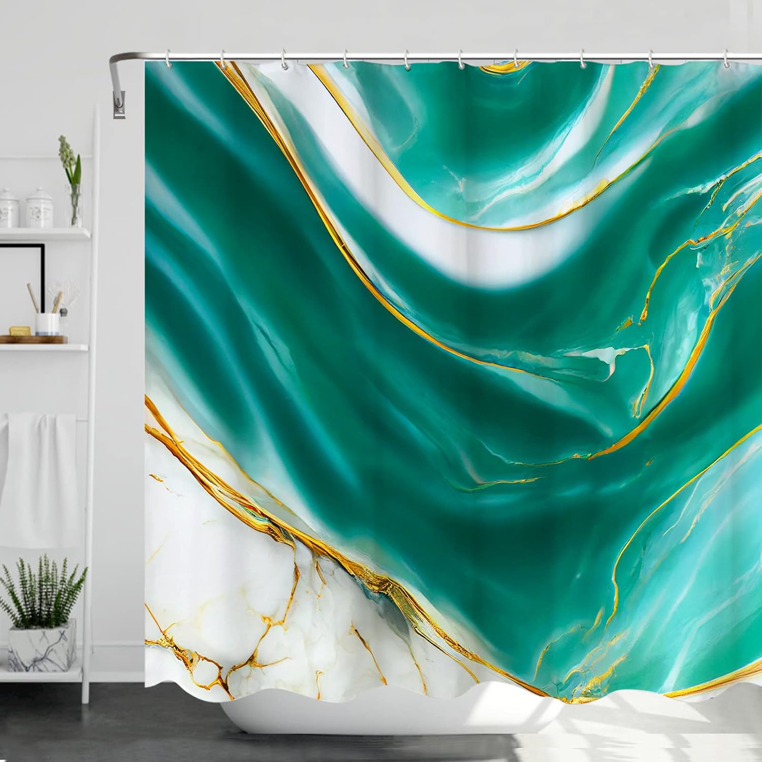 Bettlaty Dark Green Marble Shower Curtain Set,Abstract Fabric Waterproof Shower