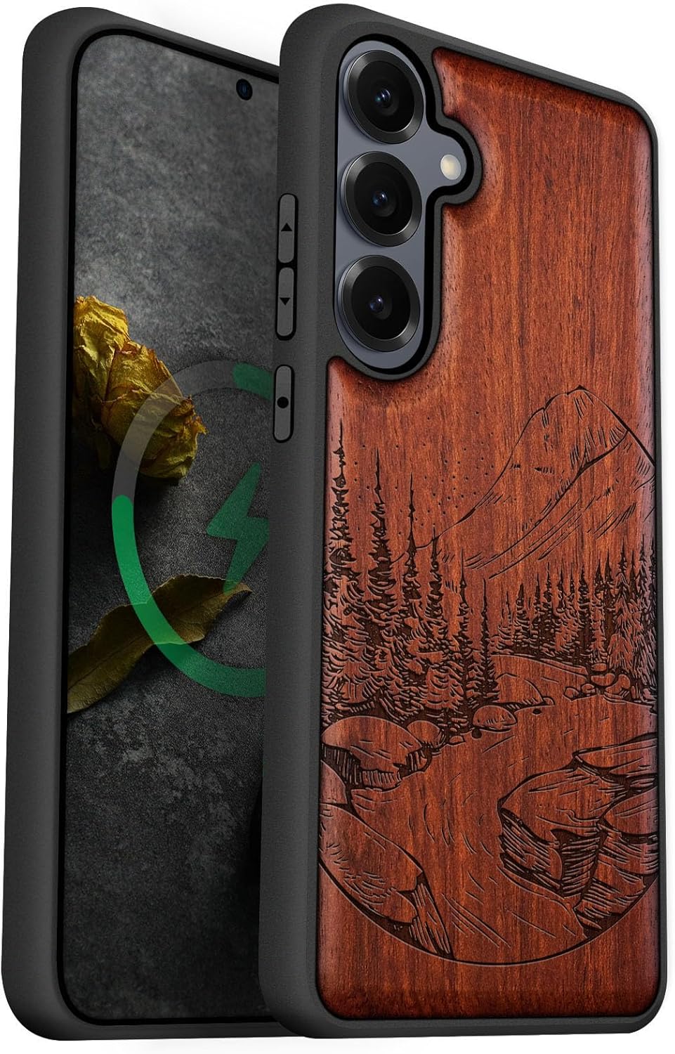 Carveit Magnetic Wooden Case for Samsung Galaxy S25 Case 2025, TPU Shockproof Cover & Wood Artisan Engraved, Compatible with MagSafe Wireless Chargers (Lake and Mountain) Rosy