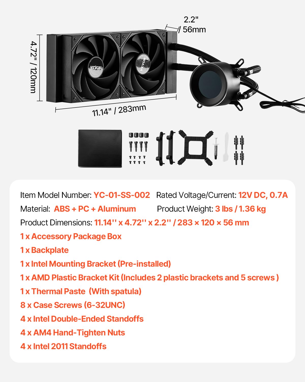 VEVOR Refroidisseur Eau pour Processeur AIO, Refroidisseur Liquide PC avec 2 Ventilateurs et Pompe PWN 120 mm, Écran LCD 1,8'', 2200 tr/min, Compatible avec Intel 115X/1366/2011/1700/1200, AMD AM4/AM5