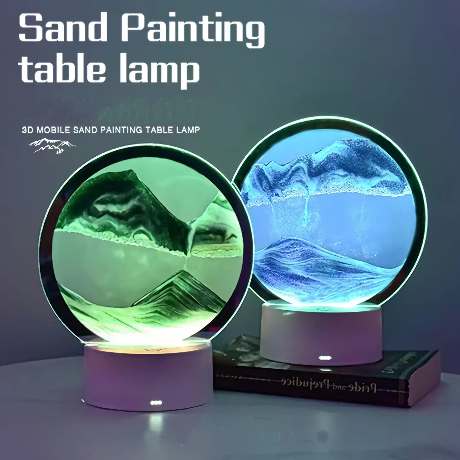 Lámpara de arena Sunwuun para girar con luz LED, imagen de arena, Sandscape - arte de la arena en aguas profundas, arte de la arena en movimiento, lámpara de mesa 3D con arte de arena móvil, pintura