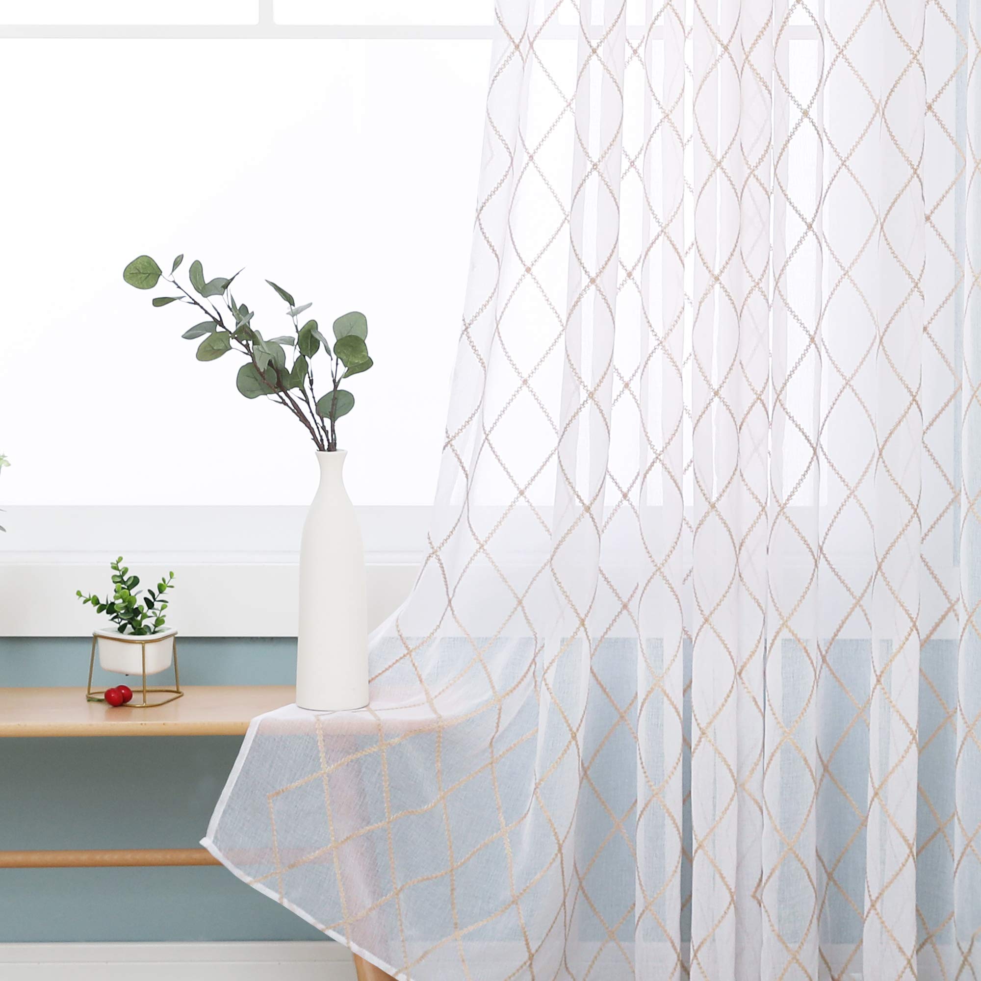 Deconovo Eyelet Faux Linen Net Curtains Embroidery Diamond Voile Curtains Super Soft Semi Sheer Curtains 55 x 69 Drop Inch Linen 1 Pair — image 1