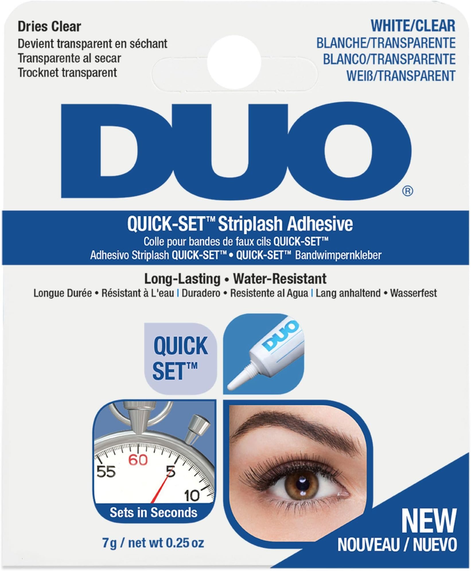 DUO Quick-Set Striplash Adhesive | Strong Eyelash Glue with Lightweight Formula | Professional Lash Glue for Eyelash Extensions, Cluster Lashes, & Individual Eyelashes | White/Clear, 0.25 Ounces