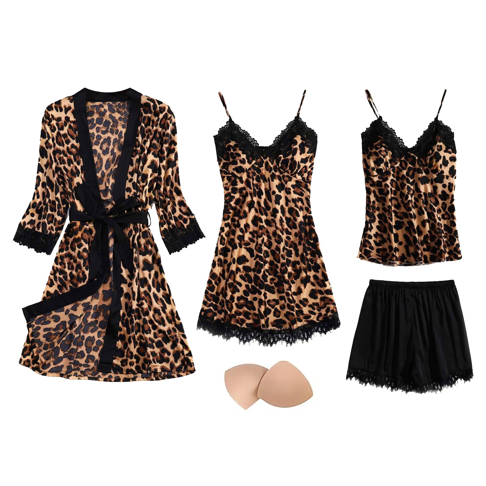 Conjunto de Pijama de Raso de 4 Piezas para Mujer Vestido Kimono de Encaje Conjunto de Pijama Sexy Negligee y Camisón Corto Conjunto de 4 Piezas