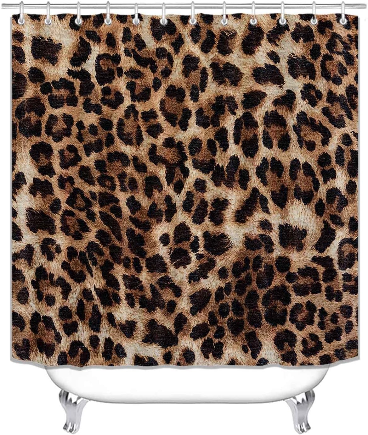 4PCS Leopard Print Shower Curtain Sets With Rugs, Waterproof Fabric Shower Curtain, African Wildlife Wild Safari Animal Skin Fur Panthera Black Brown Jaguar Cheetah Print Modern Bathroom Decor