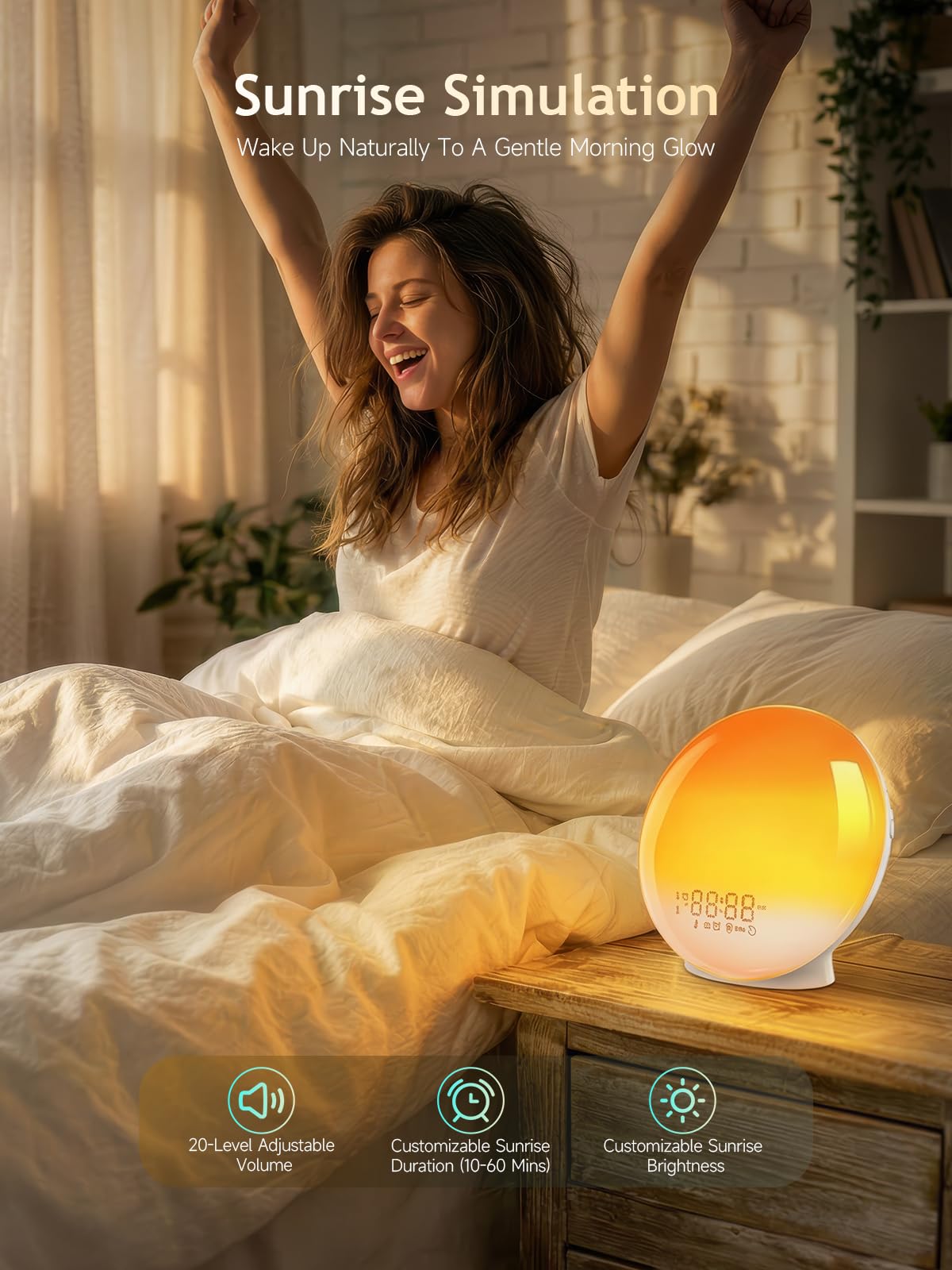 Despertador Luz Wake Up Light con Simulación de Amanecer y Atardecer, App Control, 4 Alarmas, Radio FM, 12 Colores