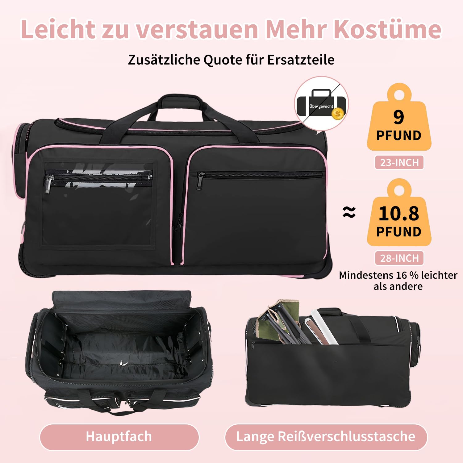Sac de danse 28" avec porte-vêtements, sac à vêtements de compétition de danse avec roues, sac de voyage pliable, léger et résistant à l'usure, tissu imperméable pour danseurs, Noir , Pliable
