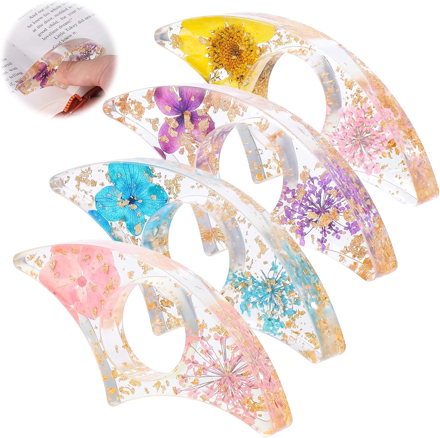 Jeffdad Book Page Holder, 4 PCS Dried Flower Resin Transparent Bookmark Handmade Dried Flower Book Opener Holder Thumb, Meaningful Gifts for Book Lovers Teachers Students(Style1)