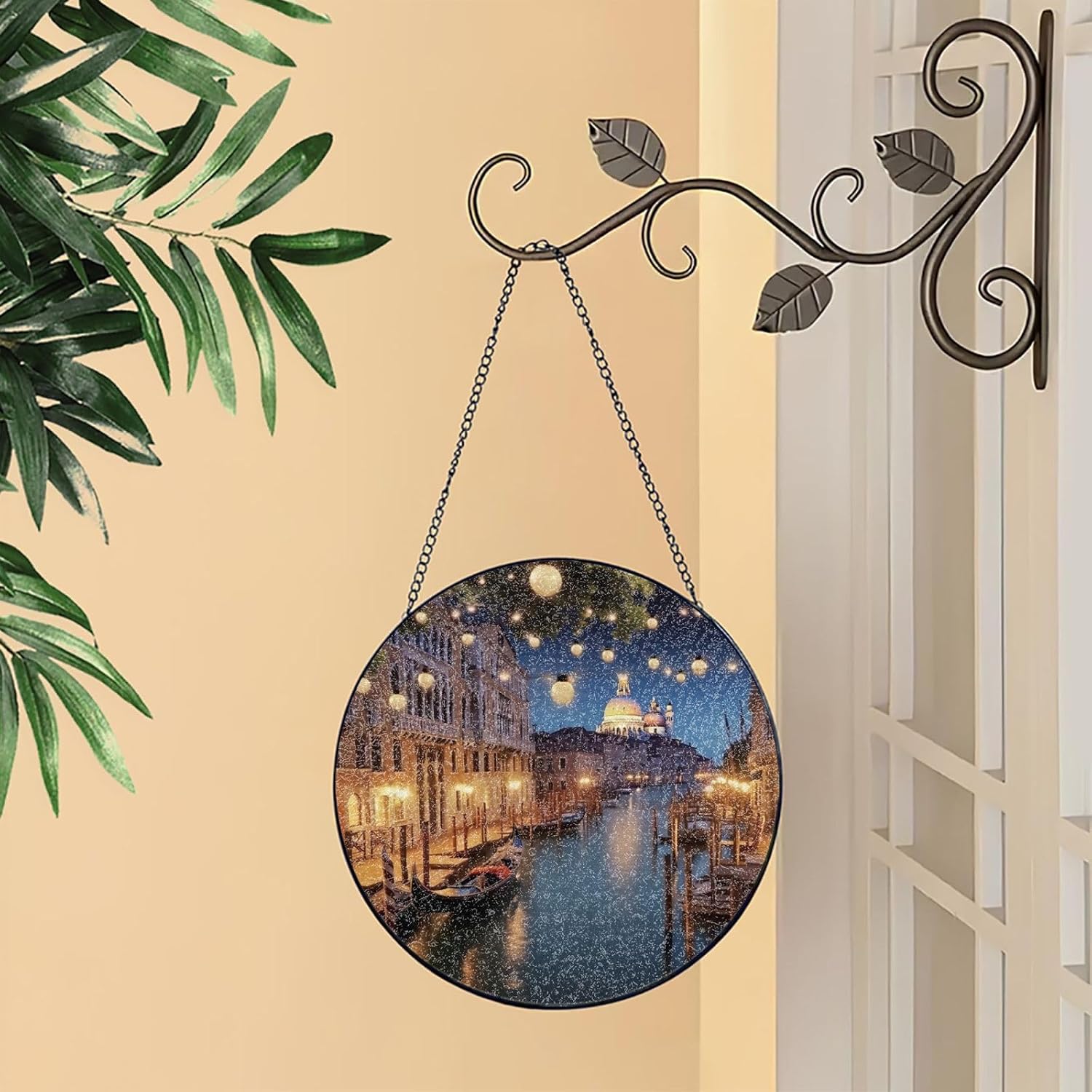 Stained Glass Window Hanging 10in（25cm）, Beautiful Venice at Night Sun Catchers Indoor Window, Stained Glass Suncatcher Ornament with Metal Chain, Wall Art Home Decor Gift for Women Mother's Day