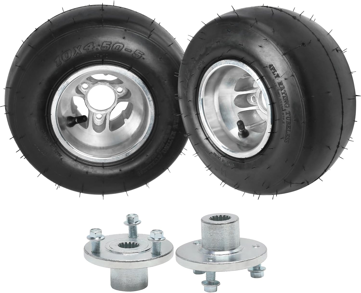 Go Kart 10x4.50-5 Tires and Rims, 10x4.5-5" 10x4.50x5 Go Cart Wheels, with 3 Stud 17T Spline Axle Wheel Hubs, for Racing Go Cart Karting ATV UTV Golf Cart Mini Bike Dune Buggy 4 Wheelers (Smooth Tire)