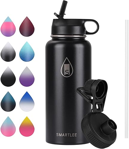 Miniatura 1 de Smartlee Botella de agua aislada con tapa de popote y boquilla, botella de agua aislada al vacío de 32 onzas a prueba de fugas con colador, termo