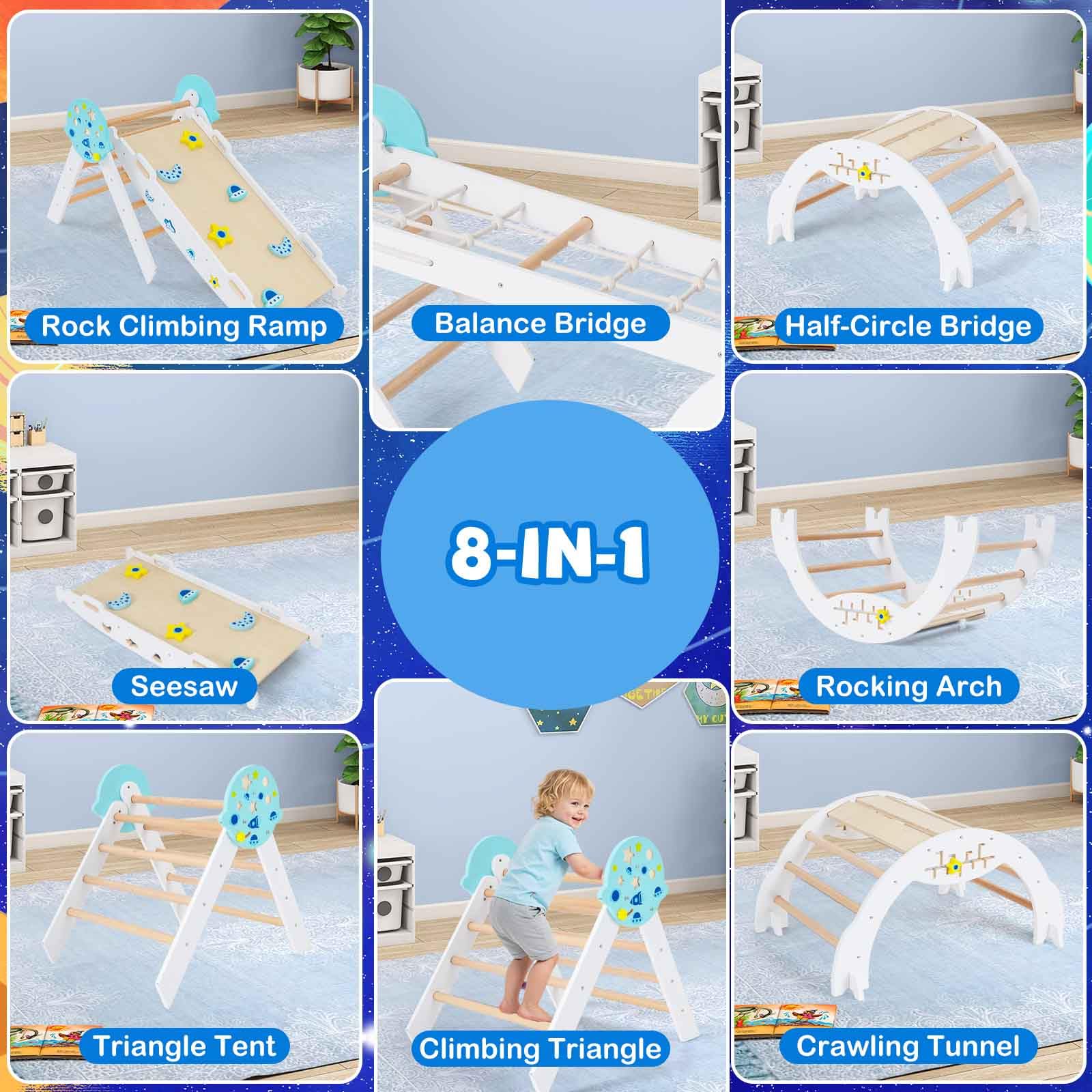 HOMASIS 4 en 1 Triángulo de Escalada Montessori, Estructura para Escalar con Arco, Rampa, Cuerda y Escalera, Área de Juegos Educativa para Niños a Partir de 3 Años. (Color Blanco)