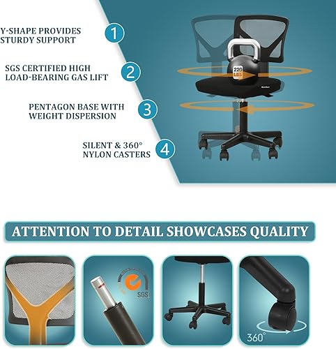 Vista 4 de Silla de oficina, silla de escritorio sin brazos, silla ergonómica de computadora de altura ajustable y giratoria, silla rodante para el hogar
