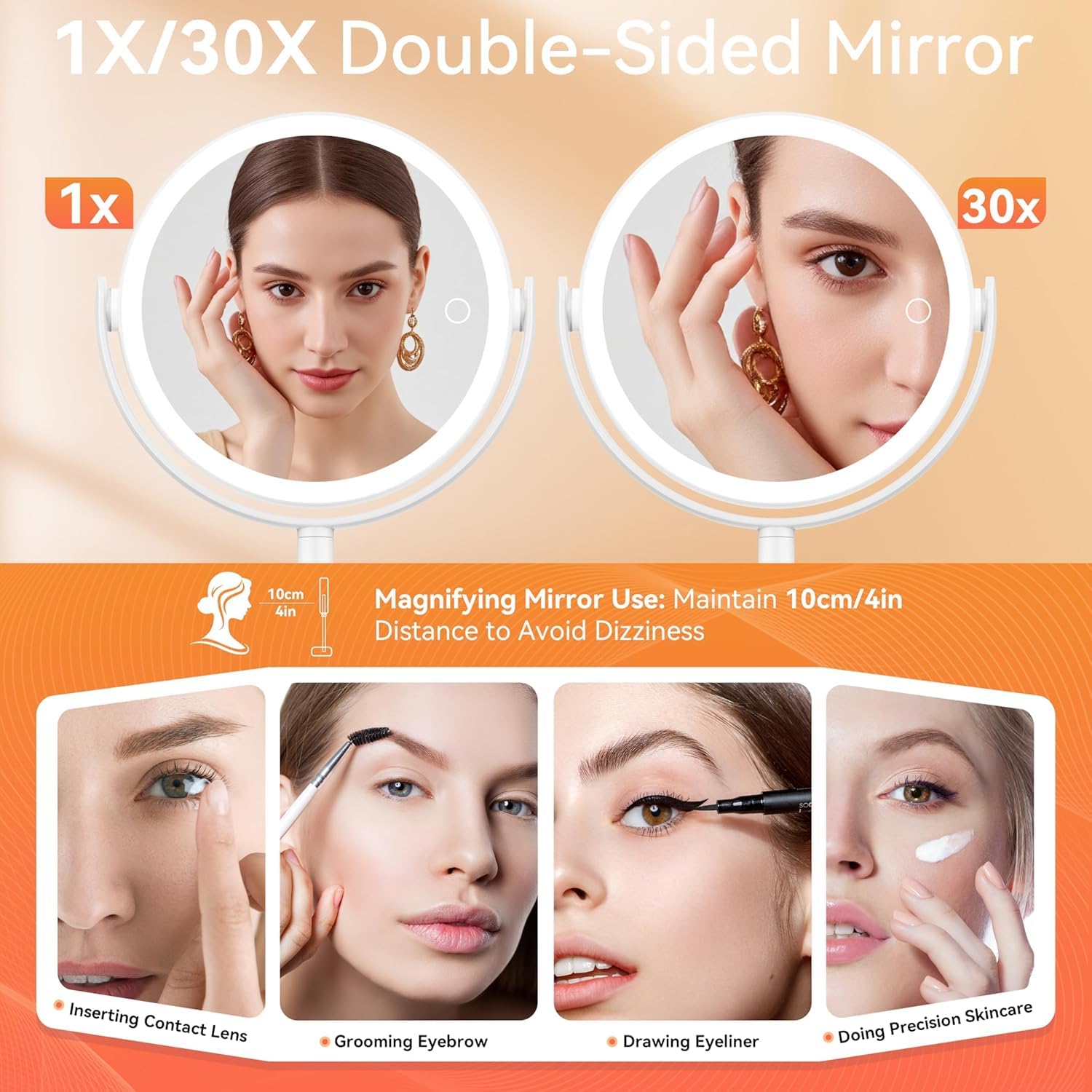 Auxmir Specchio Trucco con Luci 30X/1X Bifacciale, Specchio Ingranditore 8", Specchio da Tavolo Ricaricabile 2000mAh, 3 Colori di Luci 64 LED Rotazione a 360° Smontabile per Camera da Letto, Viaggio