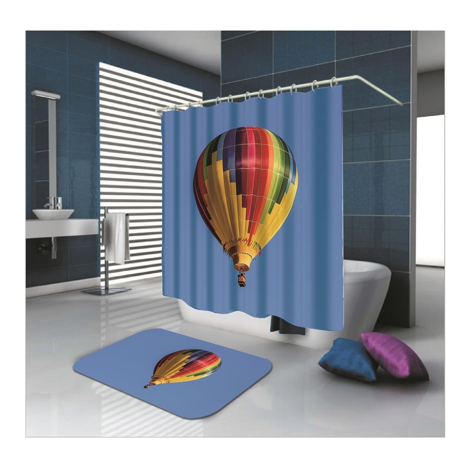 Rideau de douche textile 150x180 cm multicolore motif montgolfière en polyester lavable pour salle de bain