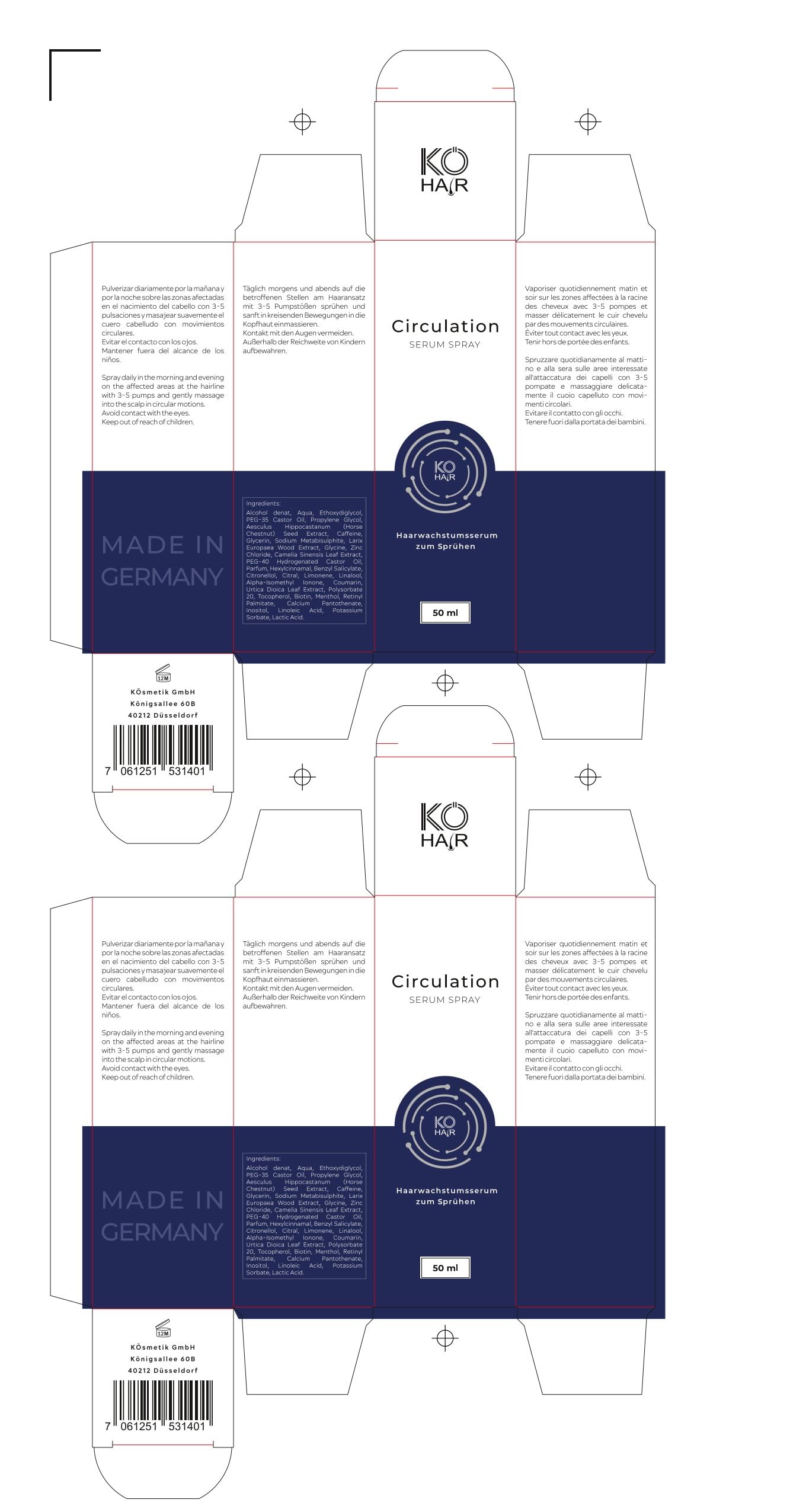KÖ-HAIR Circulation Hair Loss Serum Spray con 3% Redensyl contra la caída del cabello | Para espesar el cabello 50 ml | Remedio anticaída con cafeína y fenogreco | Para hombre y mujer