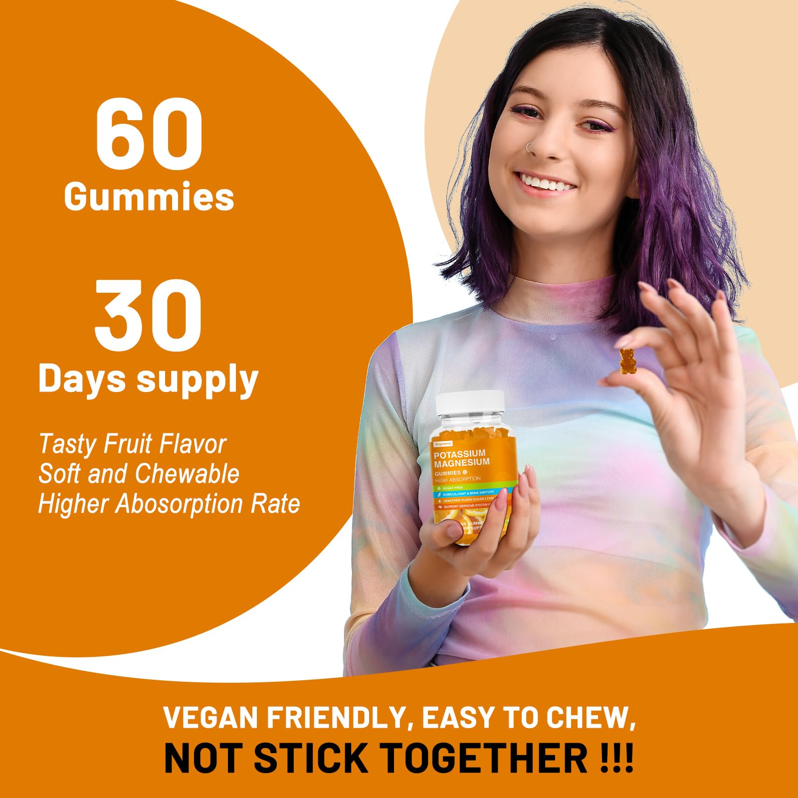 Potassium Magnesium Gummies - Magnesium Glycinate B6,D3 & Potassium Citrate for Leg Cramps,Muscle,Electroyte for Adults Kids,Sugar-Free - 60 Orange Gummies — Amazon image 6