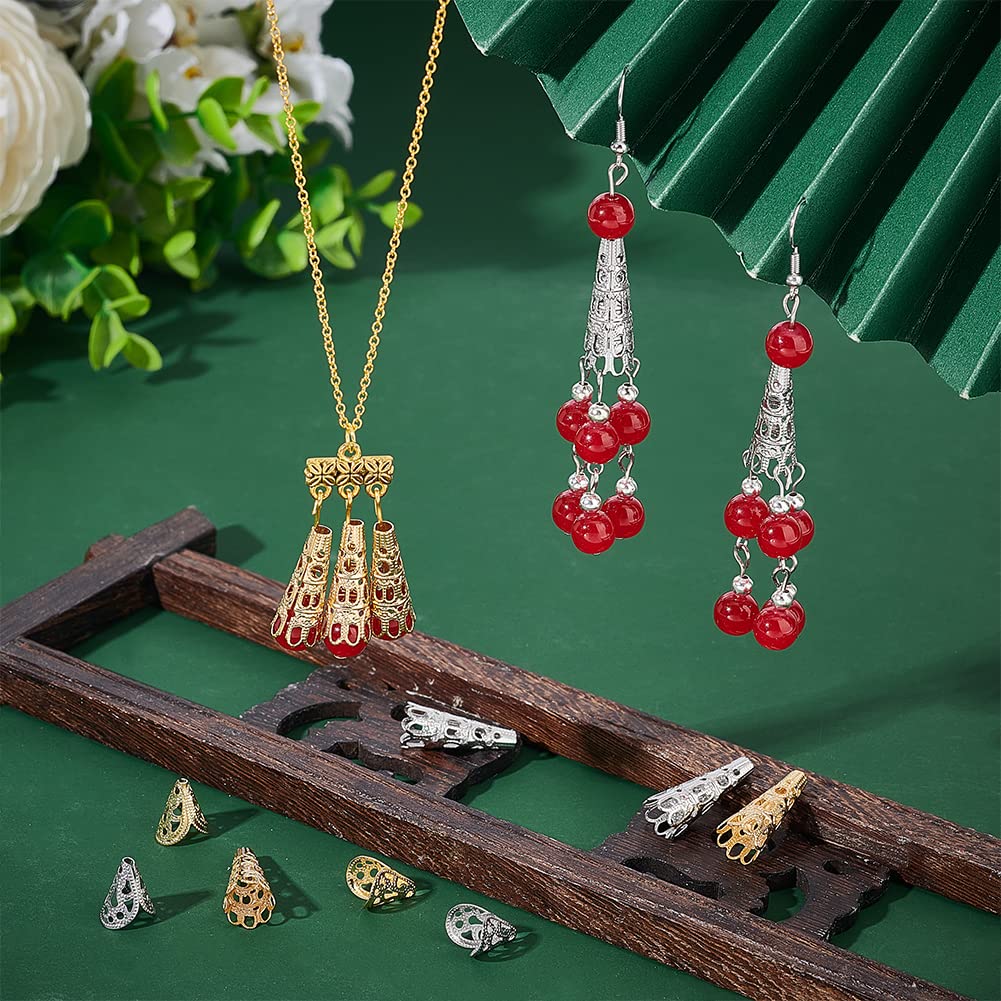 UNCRAFTALE 40Pcs 2 Colors 2 Size 12/22mm Stainless Steel Long Bead Caps Flower Spacer Beads Hollow Bead Cone End Caps for Jewelry Making Bracelet Necklace Earrings