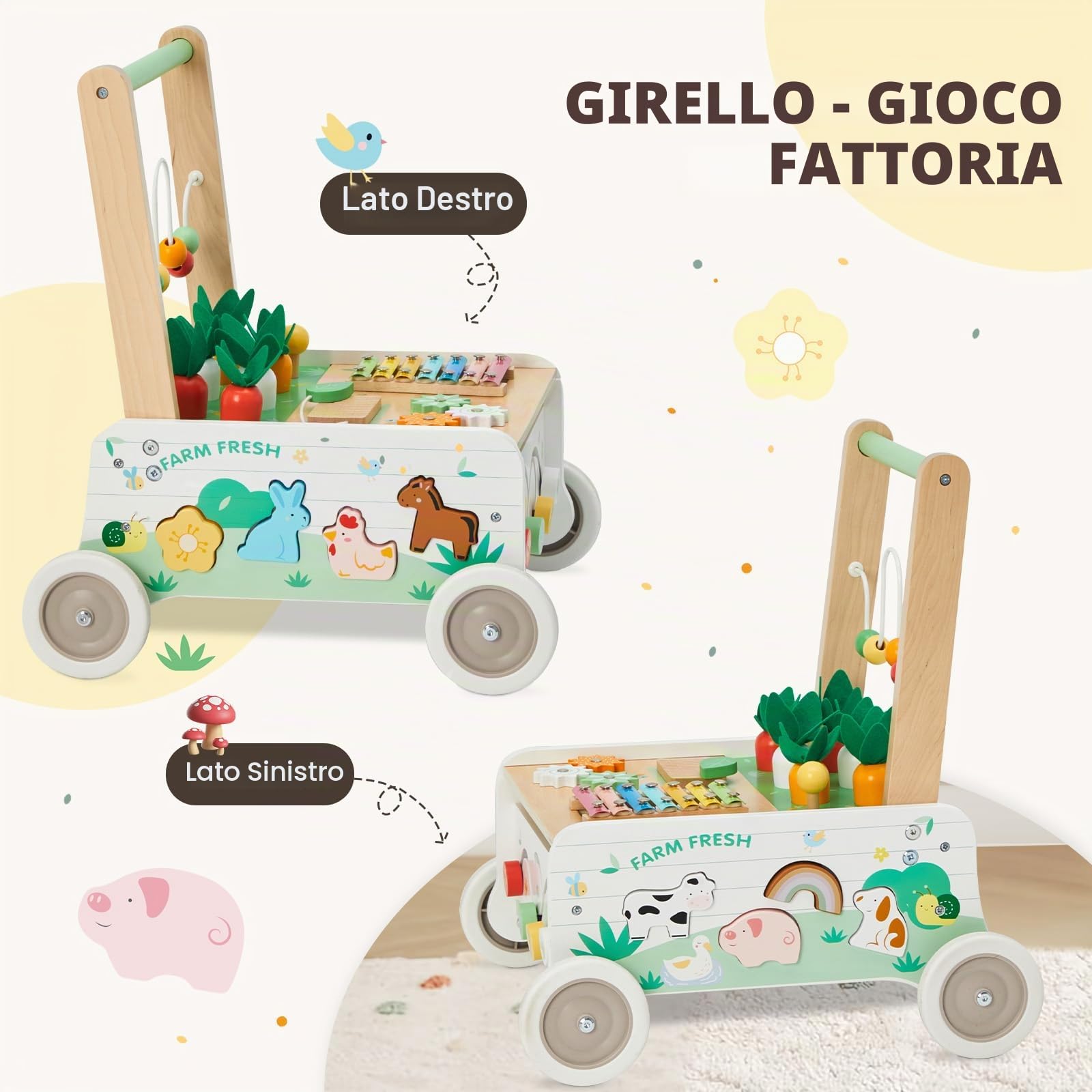 labebe - Girello Bambino, Primi Passi Legno per Bambini&Bimba, Girello Neonato&Bambino Primi Passi, Carrellino Girello Primi Passi per Bambini Legno, Giro Girello Giardino/Esterno per 1-3 Anni Bambini