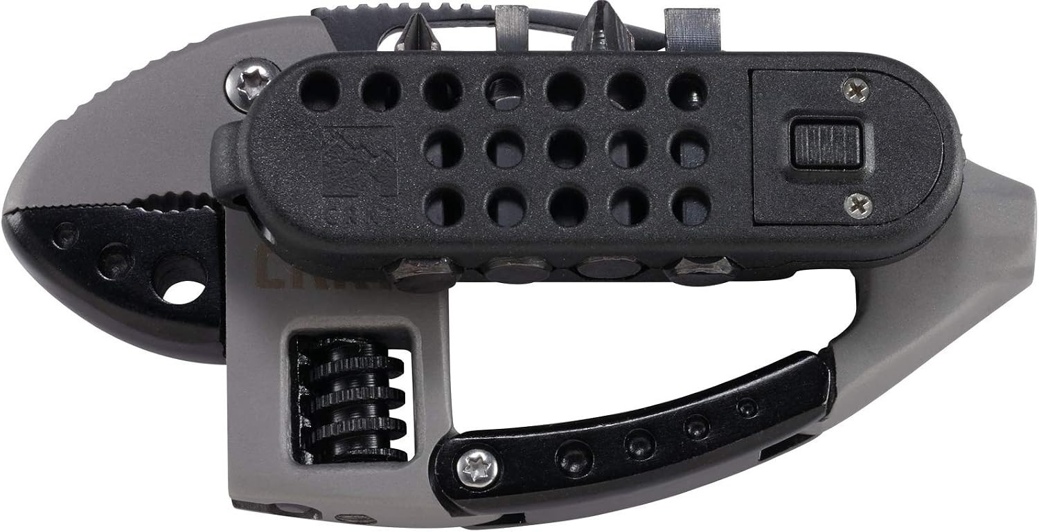 CRKT Guppie Multitool: Slip Joint Adjustable Wrench, Black Knife Blade, Removable Bit Driver with LED Light, Carabiner, Bottle Opener, Pocket Clip 9070