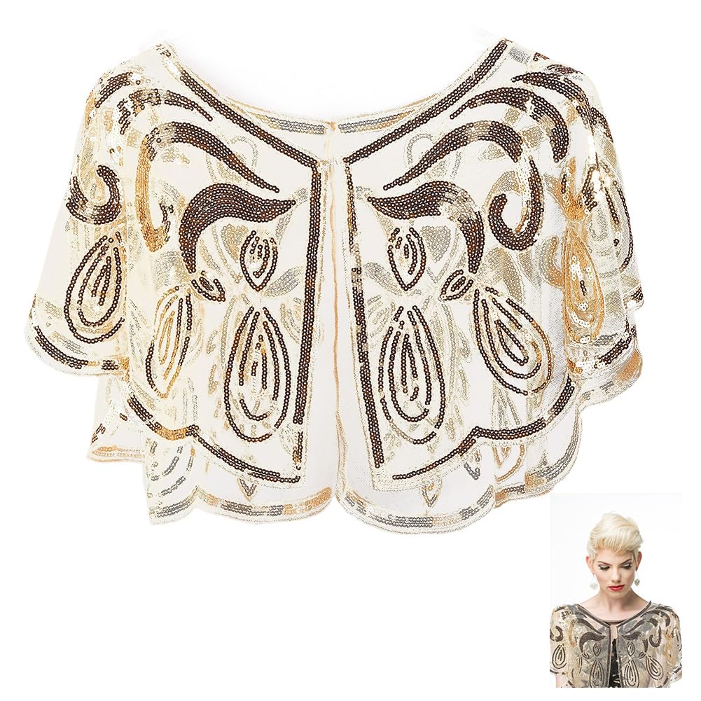 Châle à Paillettes Perles Dorée Années 1920 Cape Boléro en Mousseline de Soie Ouverte Écharpe Étole Couverture Rétro Élégant pour Femme Flapper Robe de Mariée Mariage Fête Soirée Accessoires