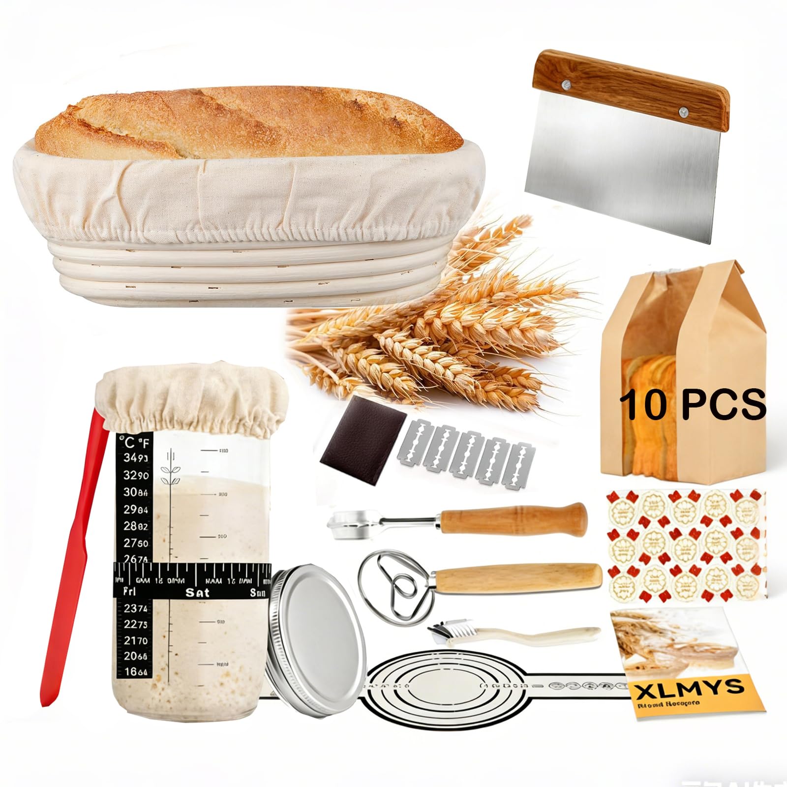 Banneton Pain Ovales Set, 10 Pièces Accessoire pour Faire du Pain, Panier a Pain en Rotin, Panier de fermentation pour la cuisson, pour Les Débutants et Les Boulangers