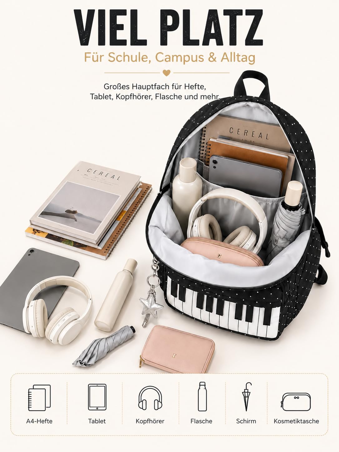 Piano Casual Rucksack, Polka Dot Music Backpack with Star Charm, Large Capacity Laptop School Bookbag for Women Girls College Travel (Schwarz+Weiß)