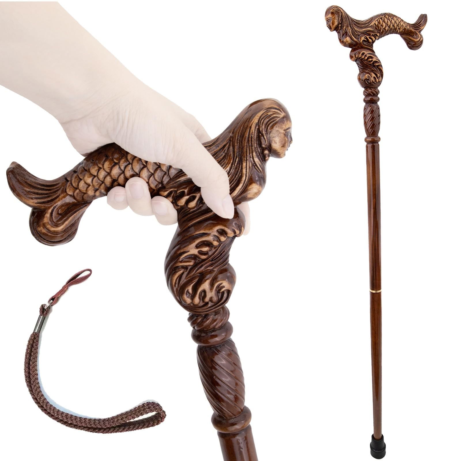 Bastone da Passeggio in Legno con Sirena, Bastone da Gentiluomo 37 Pollici, Manico Ergonomico e Punta in Gomma Antiscivolo Rimovibile, Unisex