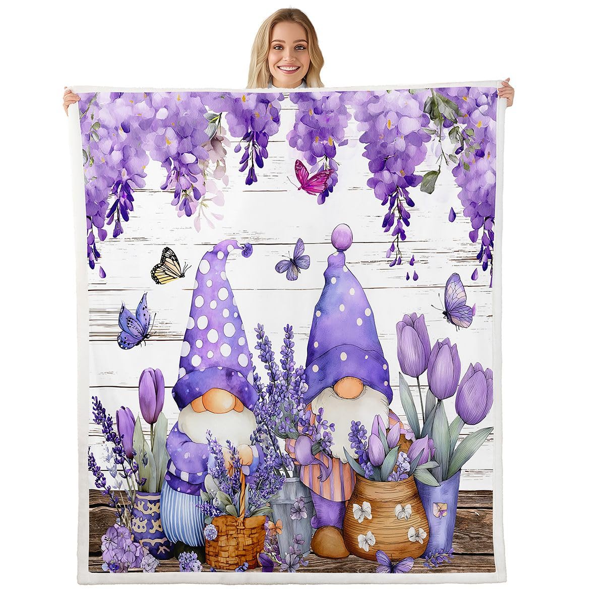 Erosebridal Gnome Blanket,Purple Butterfly Floral Throw Blanket for Girls Women Kids,Rustic Cabin Style Flowers Fleece Blanket,Wildlife Animal