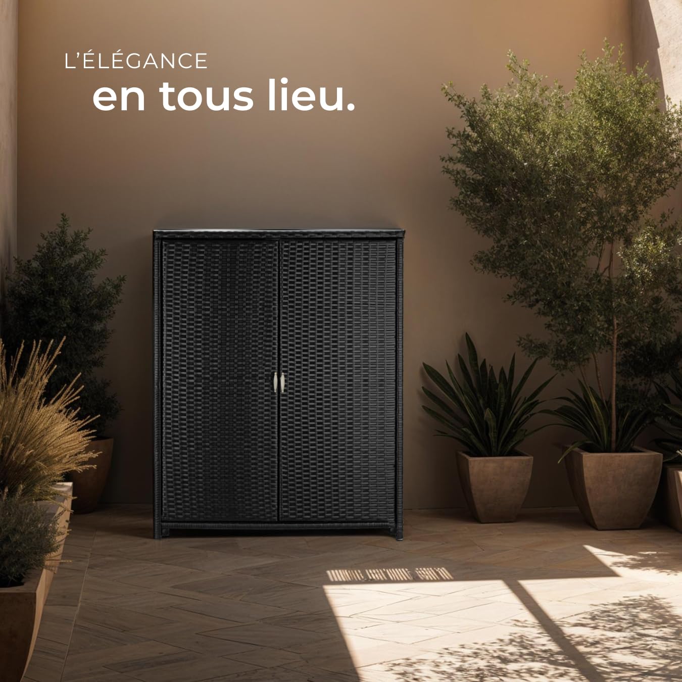 tectake® Armoire de Jardin Abri de Jardin en Résine tressée & Aluminium Inoxydable Solide, avec 2 Portes battantes, Remise pour Outils de Jardinage 3 étagères Accessoires de Piscine Jouets Enfants