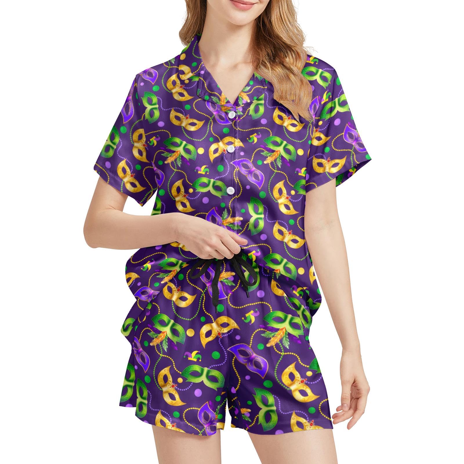 Funny Pajamas for Women Set Print Satin Loungewear Pjs Short Sleeve Button Down Top and Shorts Sets Sleepwear XS-3XL