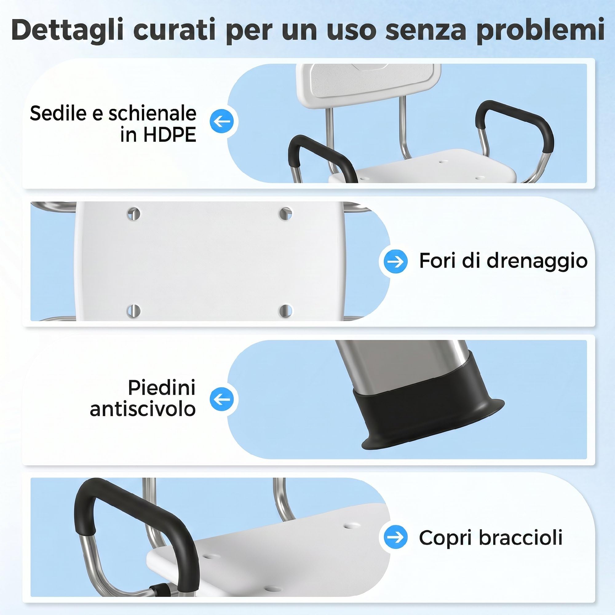 HOMCOM Sedia da Doccia Girevole 360° con Braccioli Estraibili e Schienale, Sgabello Doccia 6 Altezza Regolabile, Antiscivolo, in Lega di Alluminio, Portata 150kg, per Anziani e Disabili, Bianco