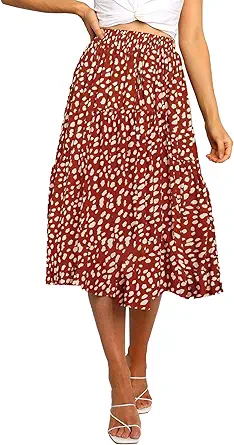 MEROKEETY Women's Boho Leopard Print Skirt Pleated A-Line Swing Midi Skirts